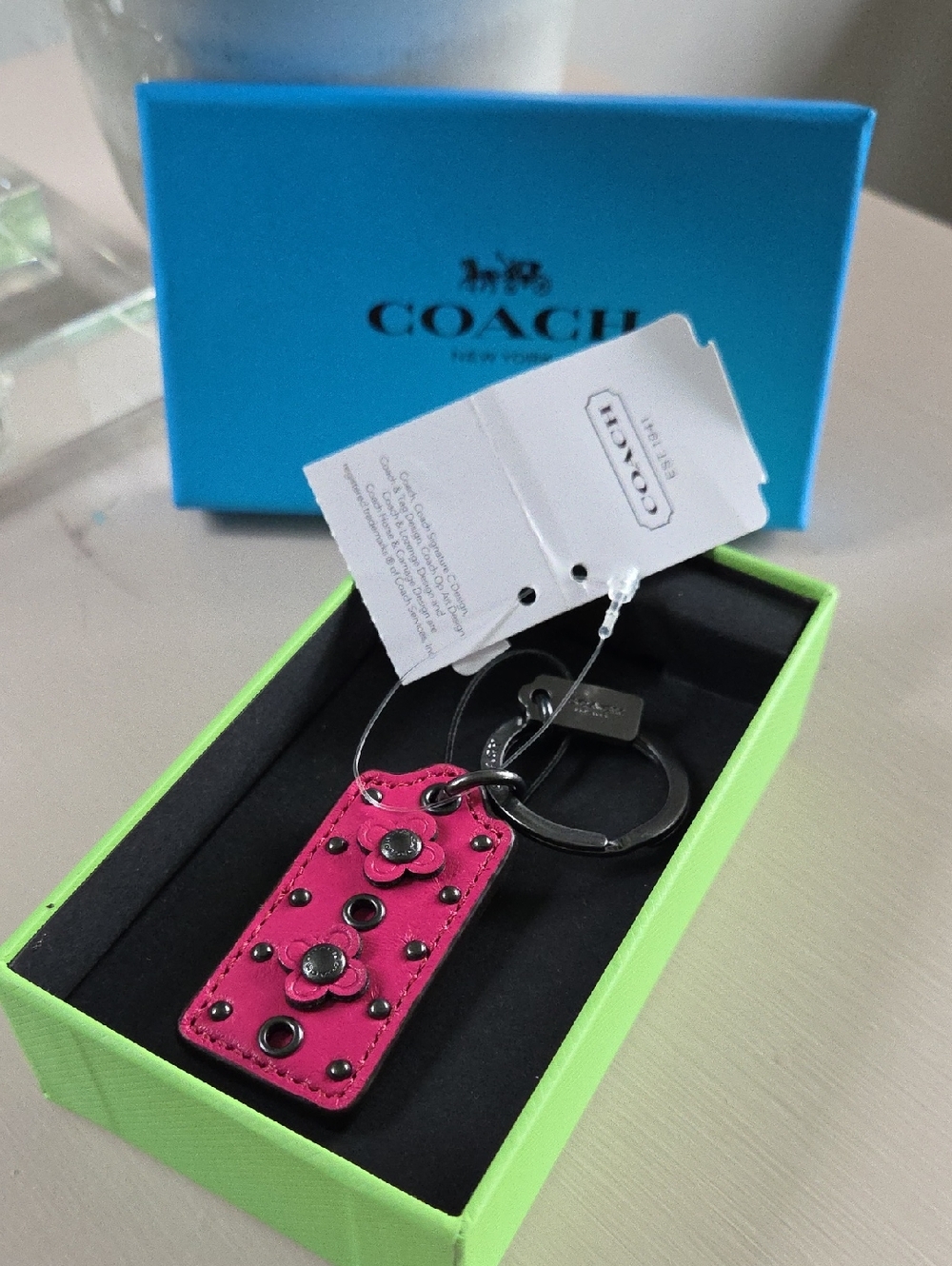 COACH Pink Dahlia Flower Hang Tag Key Ring Bag Charm with Gift Box